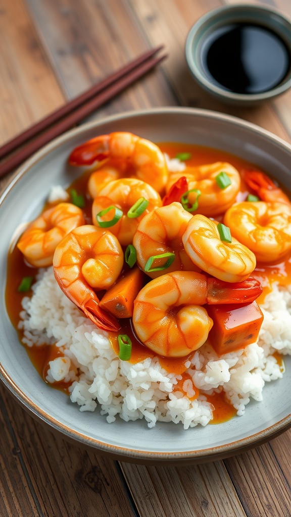 A gourmet dish of shrimp and lobster in rich sauce served with rice, garnished with green onions.